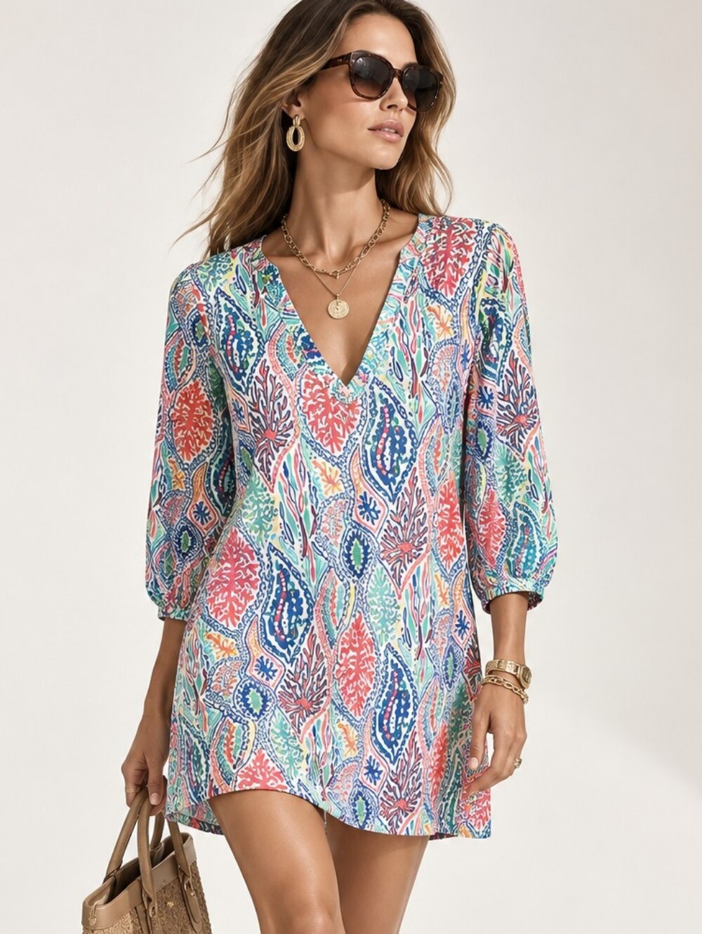 Lilly Pulitzer Courtney Multicolor Coral Print Cotton Mini Dress Long Sleeve